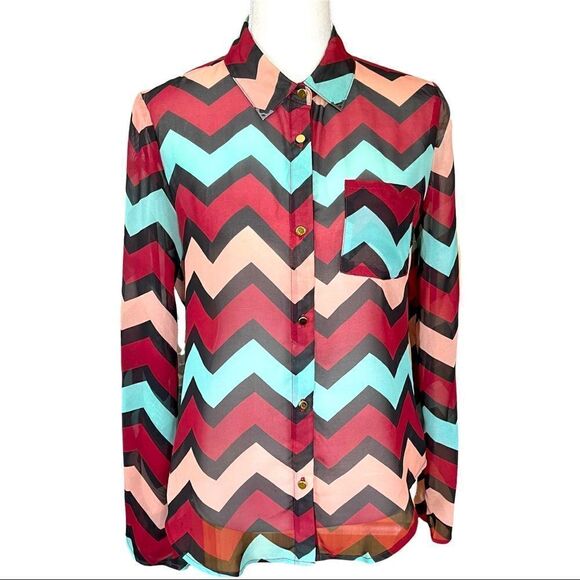 Charlotte Russe Chevron Multicolored Button Down Long Sleeve Top SMALL - Picture 1 of 10